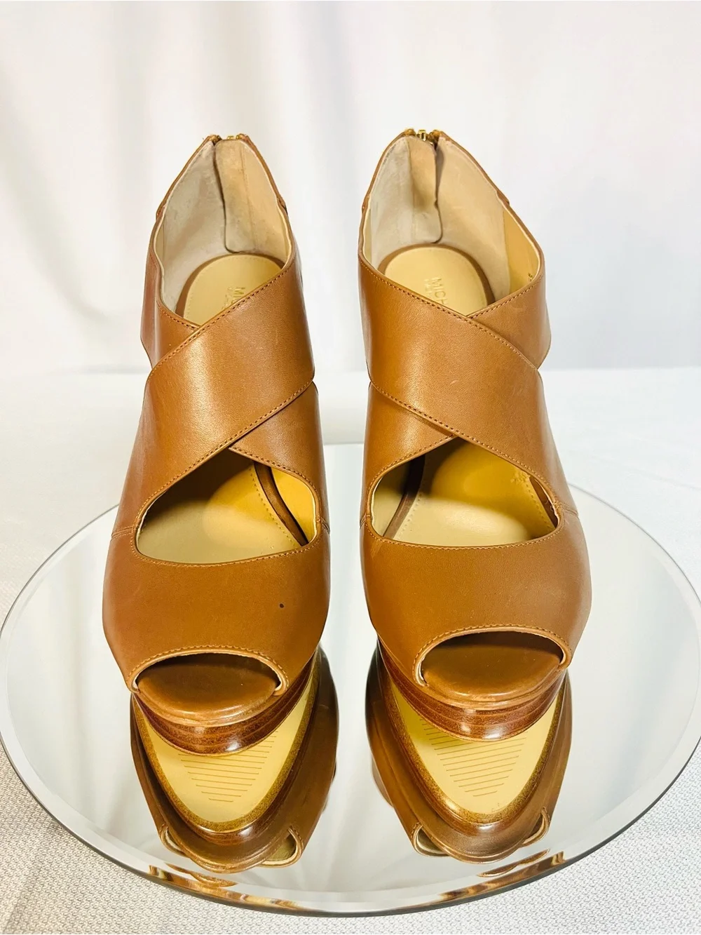 Michael Kors Cognac Peekaboo Toe Platform Stilettos with Zipper Back - 9.5M